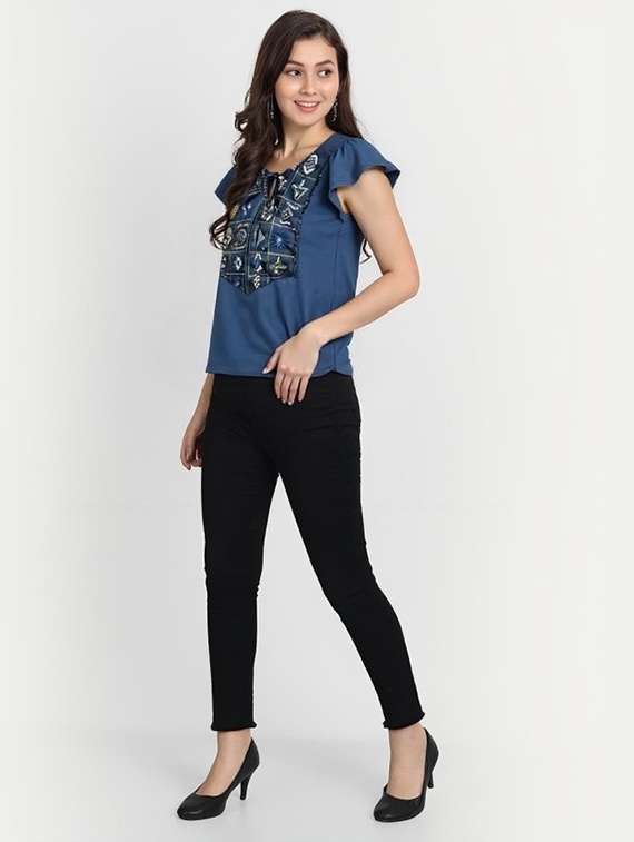 women solid with work tie up neck top - 22030712 - Standard Image - 3