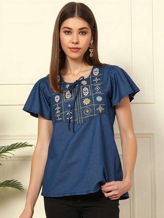 women solid with work tie up neck top - 22030714 - Zoom Image - 0