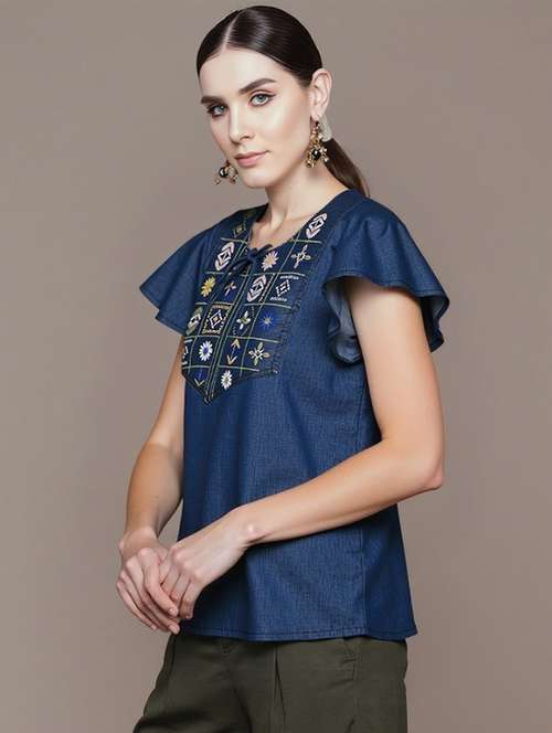 women solid with work tie up neck top - 22030715 -  Standard Image - 0