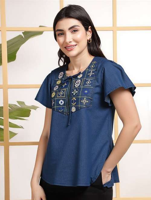 women solid with work tie up neck top - 22030716 -  Standard Image - 0