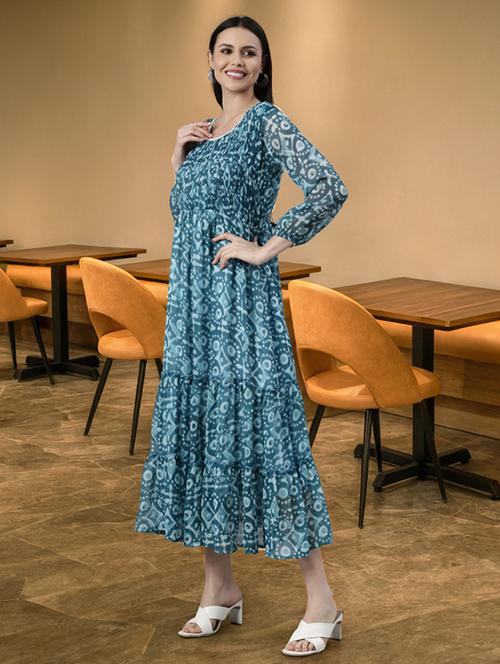 women printed long sleeve tiered midi dress - 22030919 -  Standard Image - 0