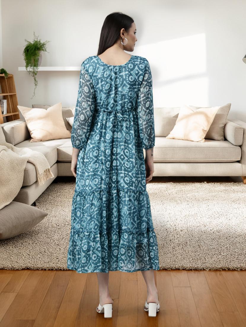 women printed long sleeve tiered midi dress - 22030919 - Standard Image - 3