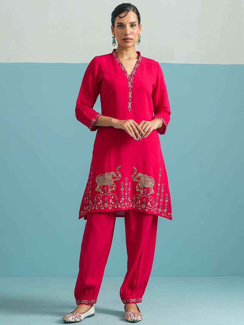 women embroidered three quarter sleeve ethnic co-ord set - 22030922 -  Zoom Image - 0