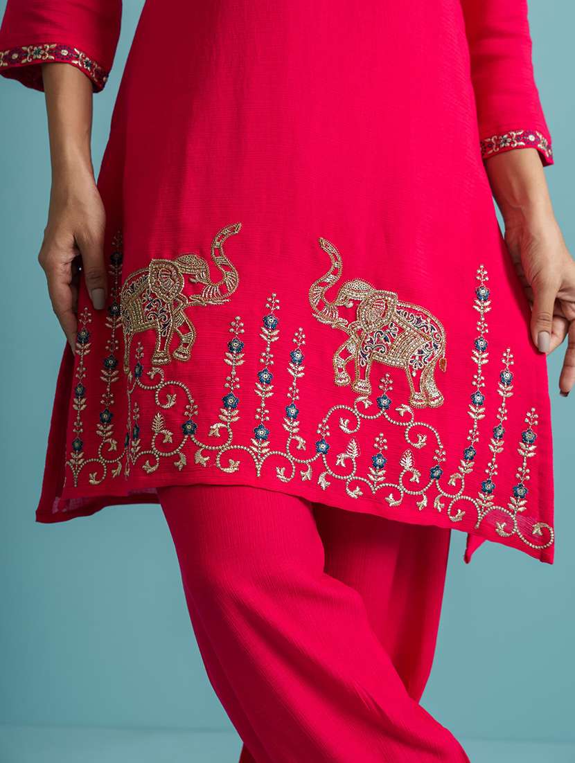 women embroidered three quarter sleeve ethnic co-ord set - 22030922 - Standard Image - 3