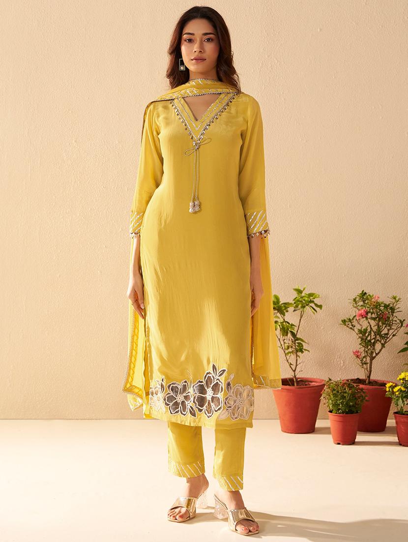 women embroidered three quarter sleeve kurta pant with dupatta set - 22030923 -  Zoom Image - 0