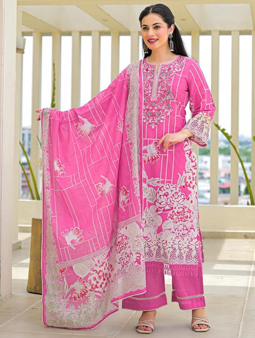 women embroidered three quarter sleeve kurta palazzo with dupatta set - 22030924 -  Standard Image - 0