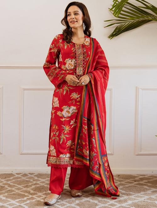 women floral long sleeve kurta palazzo with dupatta set - 22030926 -  Standard Image - 0