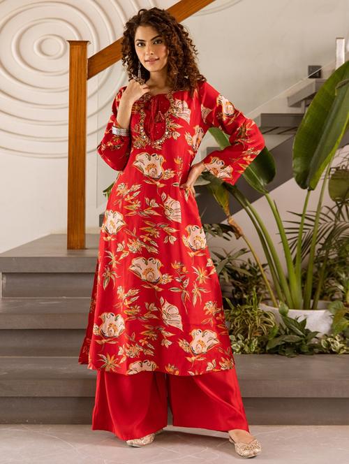 women floral long sleeve kurta palazzo set - 22030927 -  Standard Image - 0