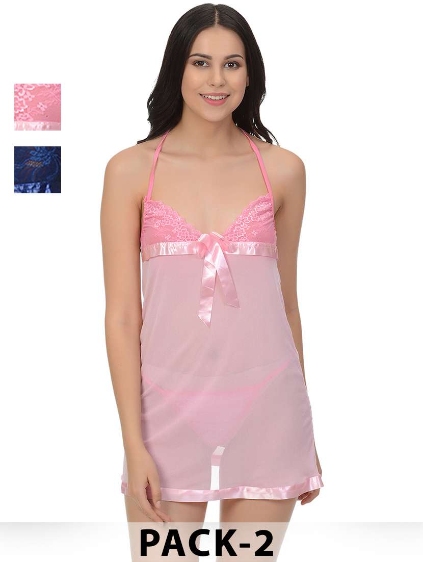 women pack of 2 solid shoulder strap lace babydoll