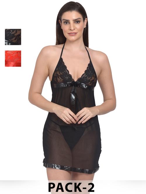 women pack of 2 solid shoulder strap lace babydoll - 22030949 - Standard Image - 0