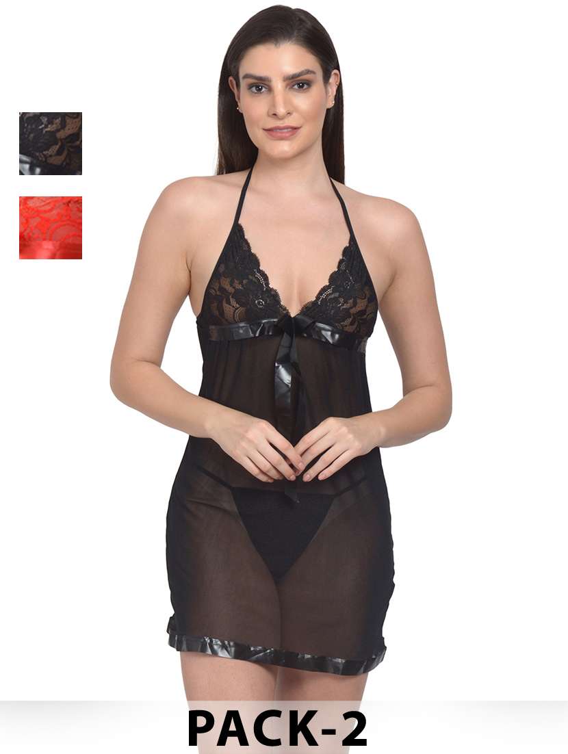 women pack of 2 solid shoulder strap lace babydoll