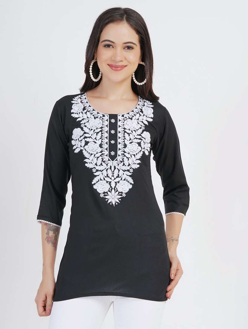 women chikankari three quarter sleeve straight kurti