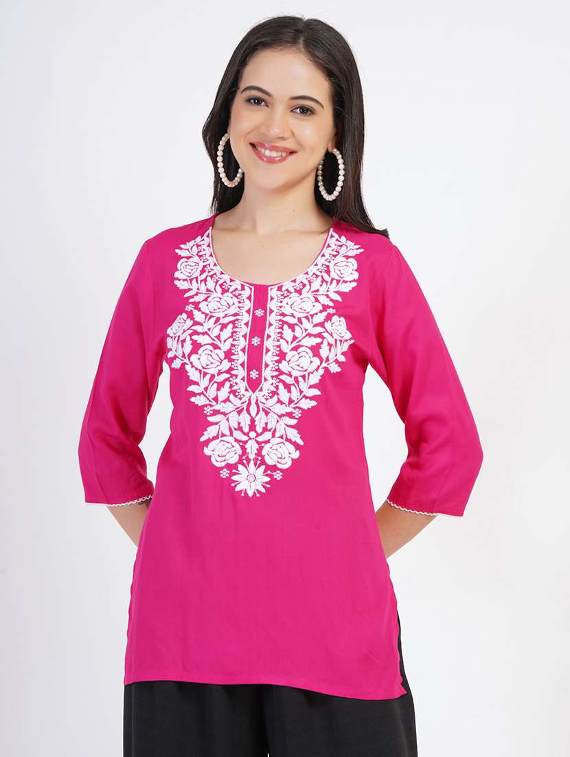 women chikankari three quarter sleeve straight kurti