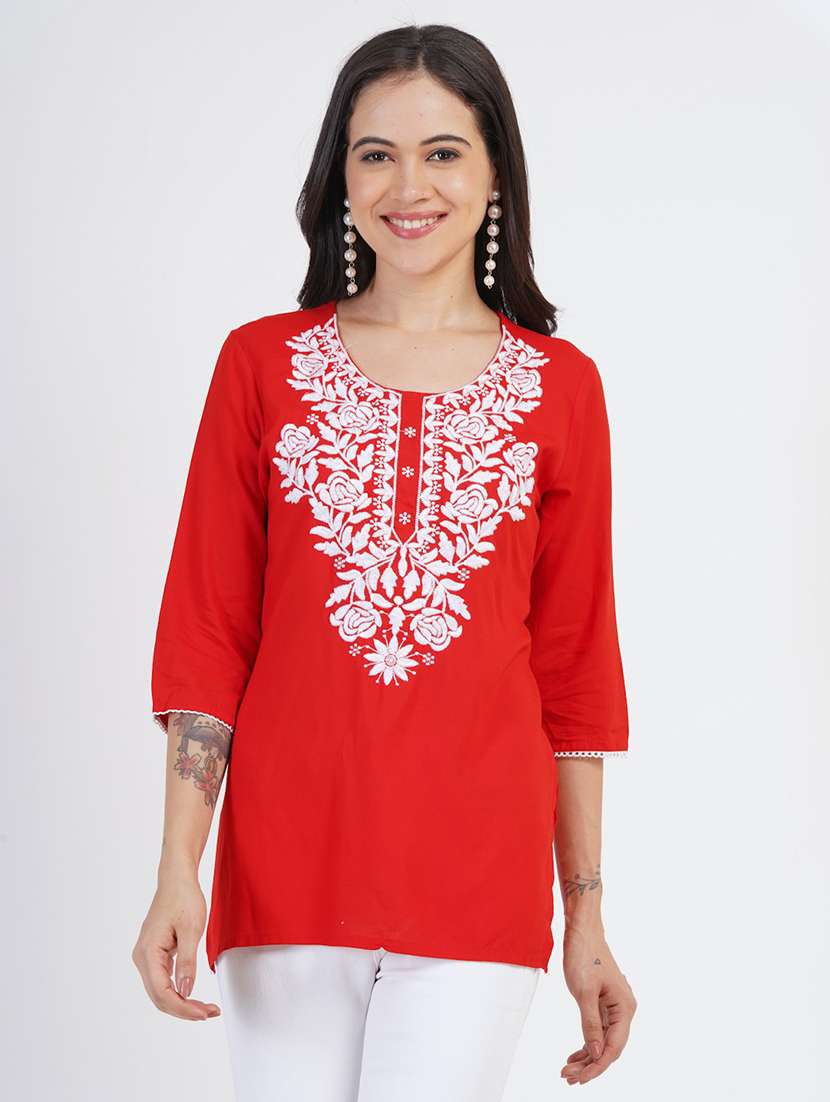 women chikankari three quarter sleeve straight kurti