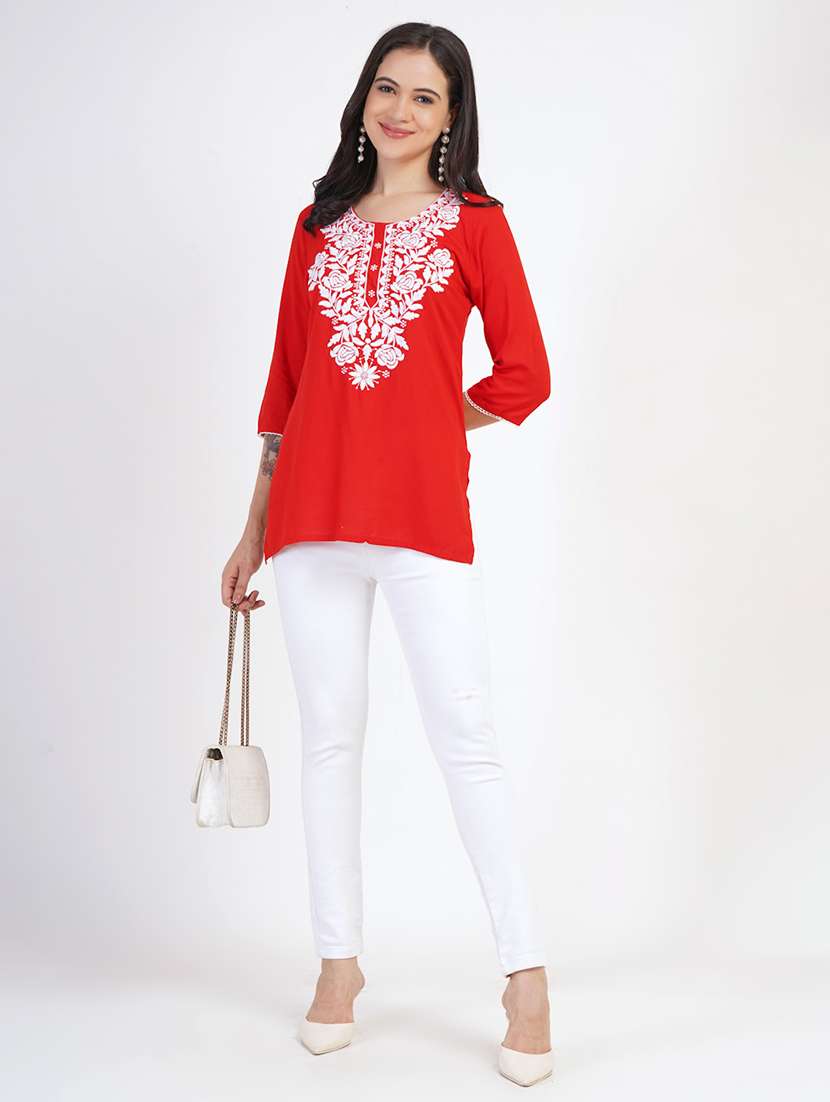 women chikankari three quarter sleeve straight kurti - 22030976 -  Standard Image - 3