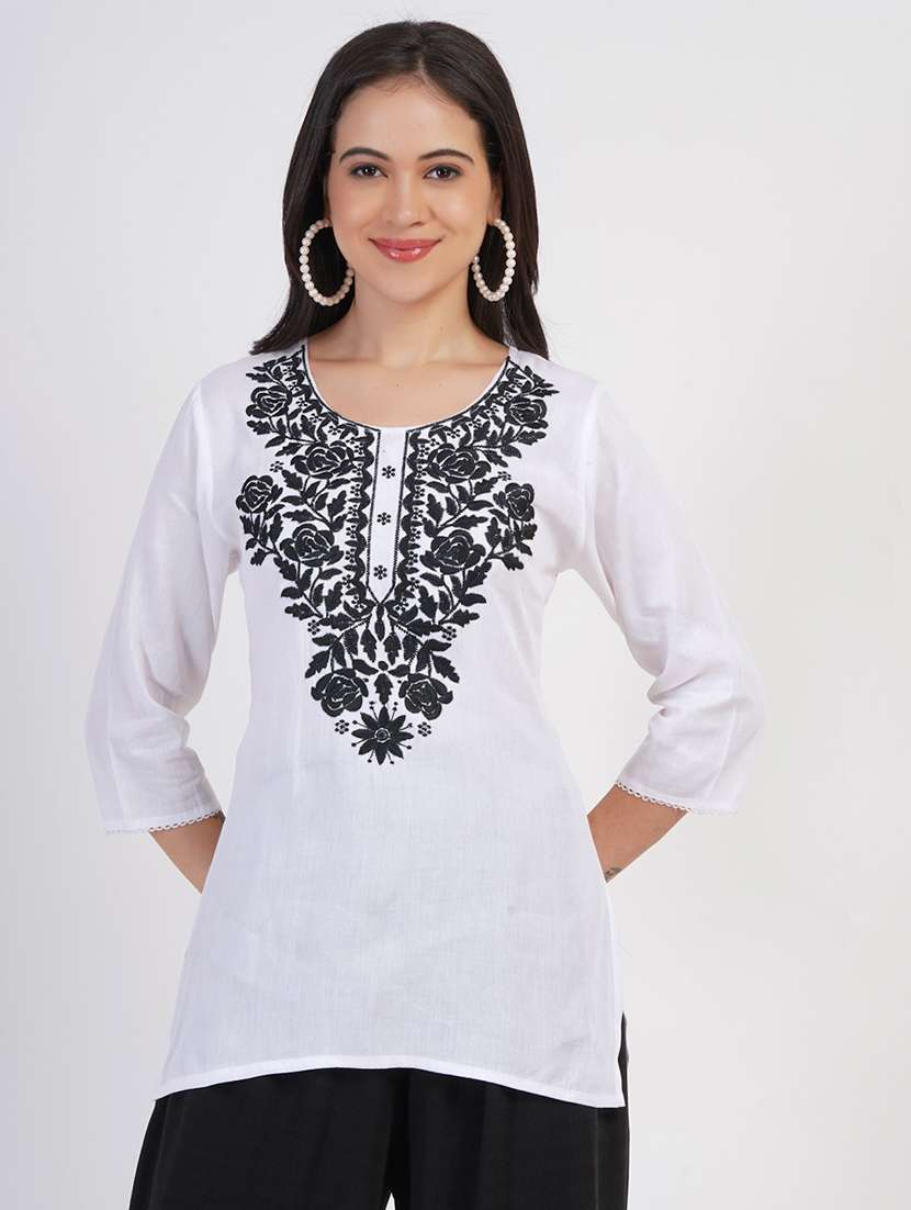 women chikankari three quarter sleeve straight kurti