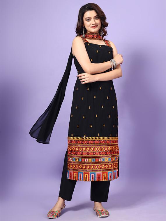 women embroidered sleeveless kurta pant with dupatta set