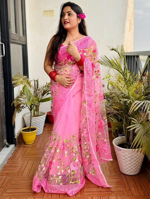 women solid with work embroidered saree with blouse - 22031007 -  Standard Image - 0
