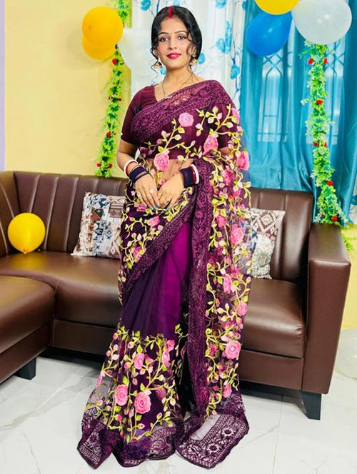 women solid with work embroidered saree with blouse - 22031009 -  Standard Image - 0