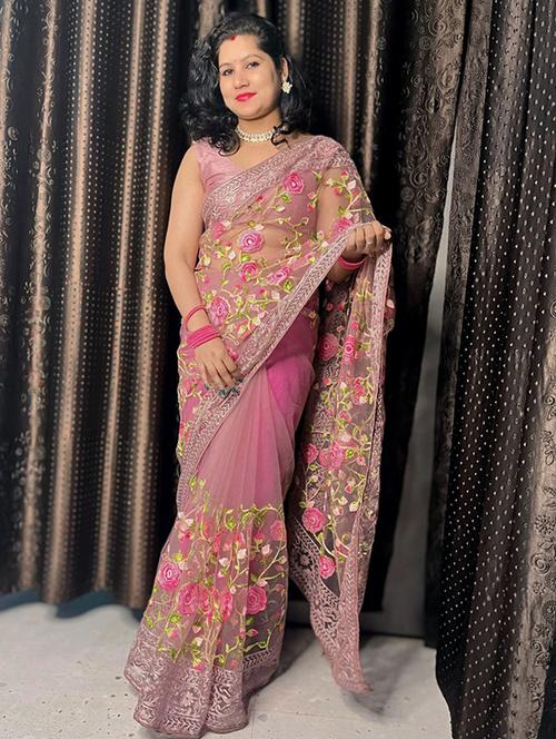 women solid with work embroidered saree with blouse - 22031010 - Standard Image - 0