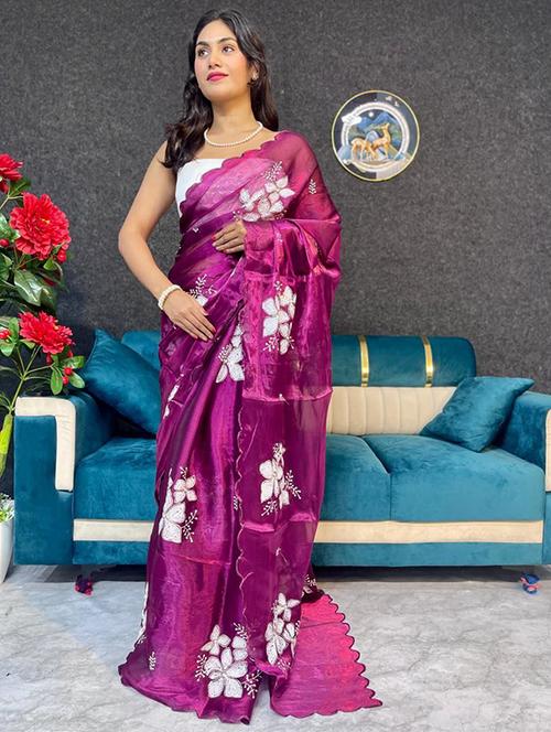 women solid with work embellished saree with blouse - 22031025 - Standard Image - 0
