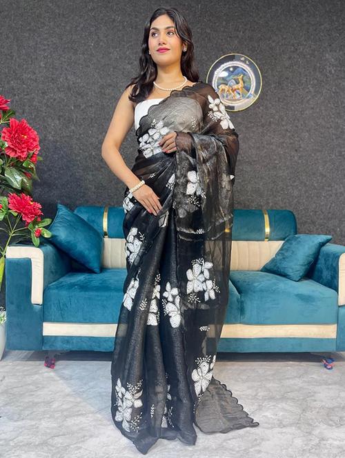 women solid with work embellished saree with blouse - 22031026 - Standard Image - 0