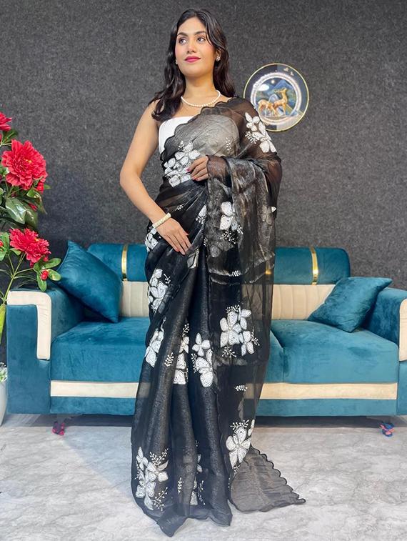 women solid with work embellished saree with blouse - 22031026 - Zoom Image - 0