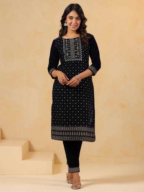 women embroidered round neck kurta and pant set - 22031057 - Standard Image - 0