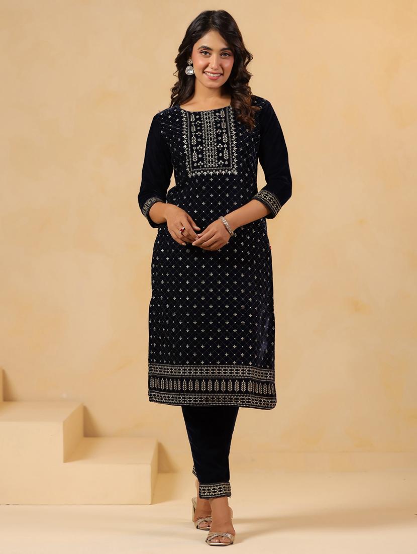 women embroidered round neck kurta and pant set