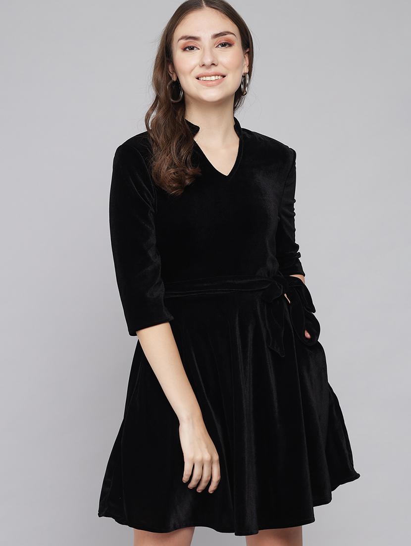 women solid three quarter sleeve fit & flare dress - 22031462 - Zoom Image - 0