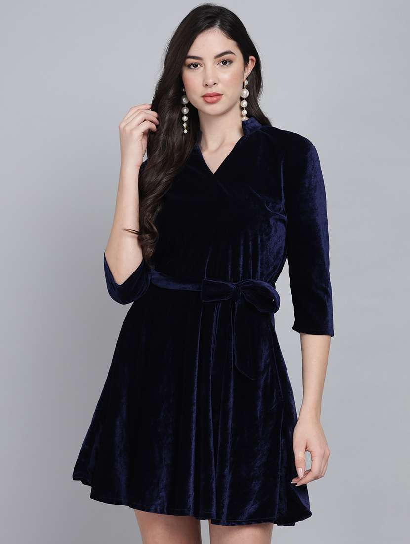 women solid three quarter sleeve fit & flare dress