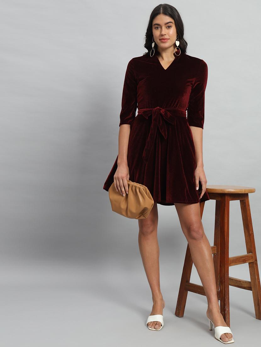 women solid three quarter sleeve fit & flare dress - 22031464 - Standard Image - 3