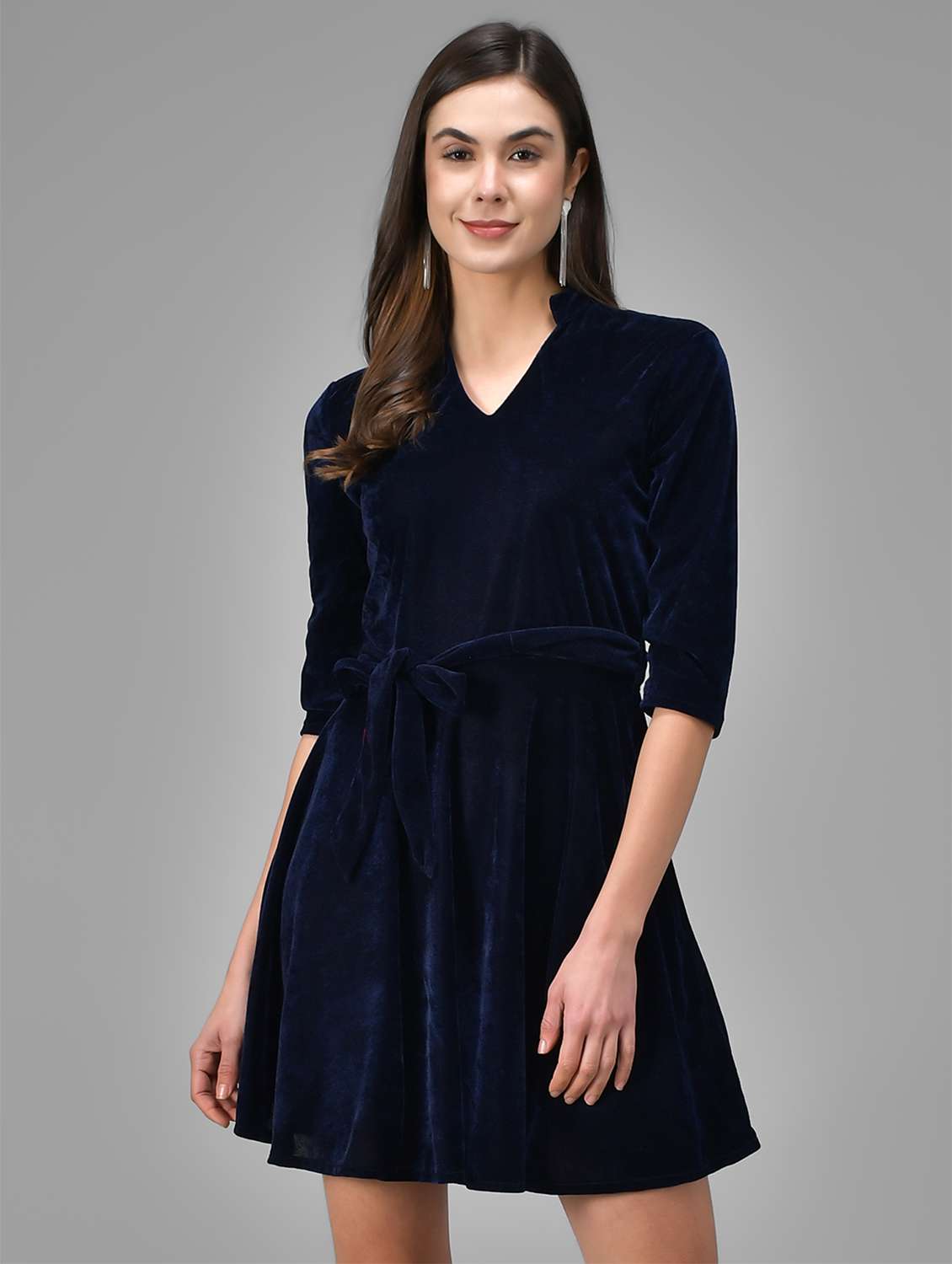 women solid three quarter sleeve fit & flare dress