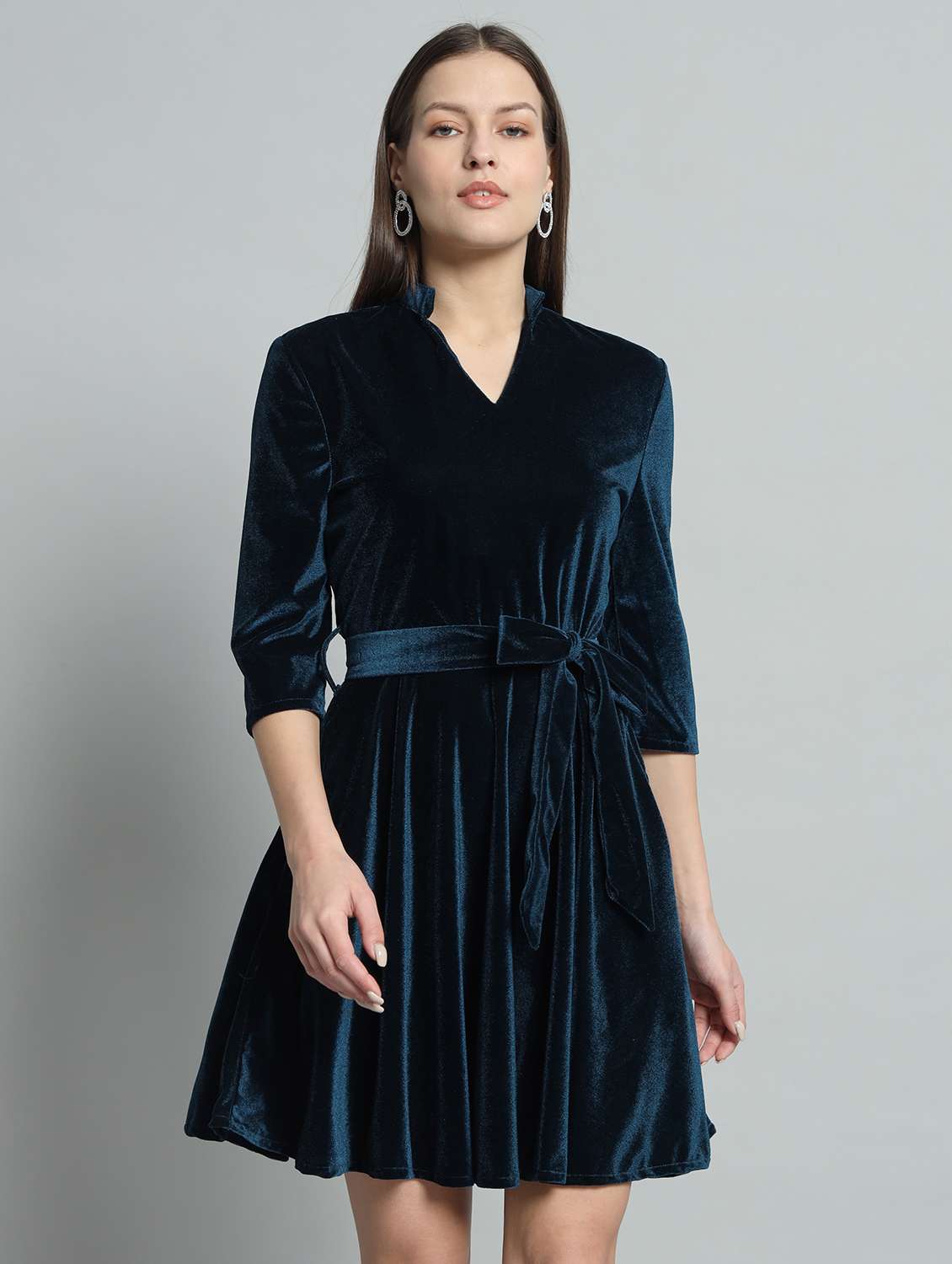 women solid three quarter sleeve fit & flare dress