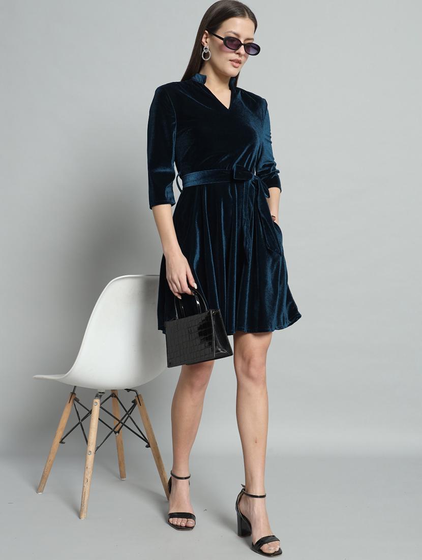 women solid three quarter sleeve fit & flare dress - 22031466 - Standard Image - 3