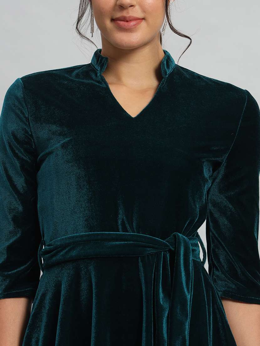 women solid three quarter sleeve fit & flare dress - 22031467 -  Standard Image - 5