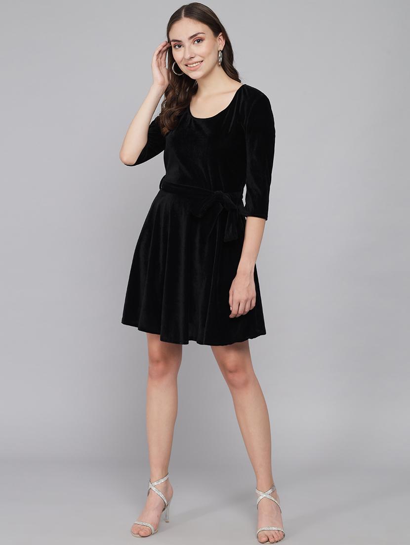 women solid three quarter sleeve fit & flare dress - 22031651 - Standard Image - 3