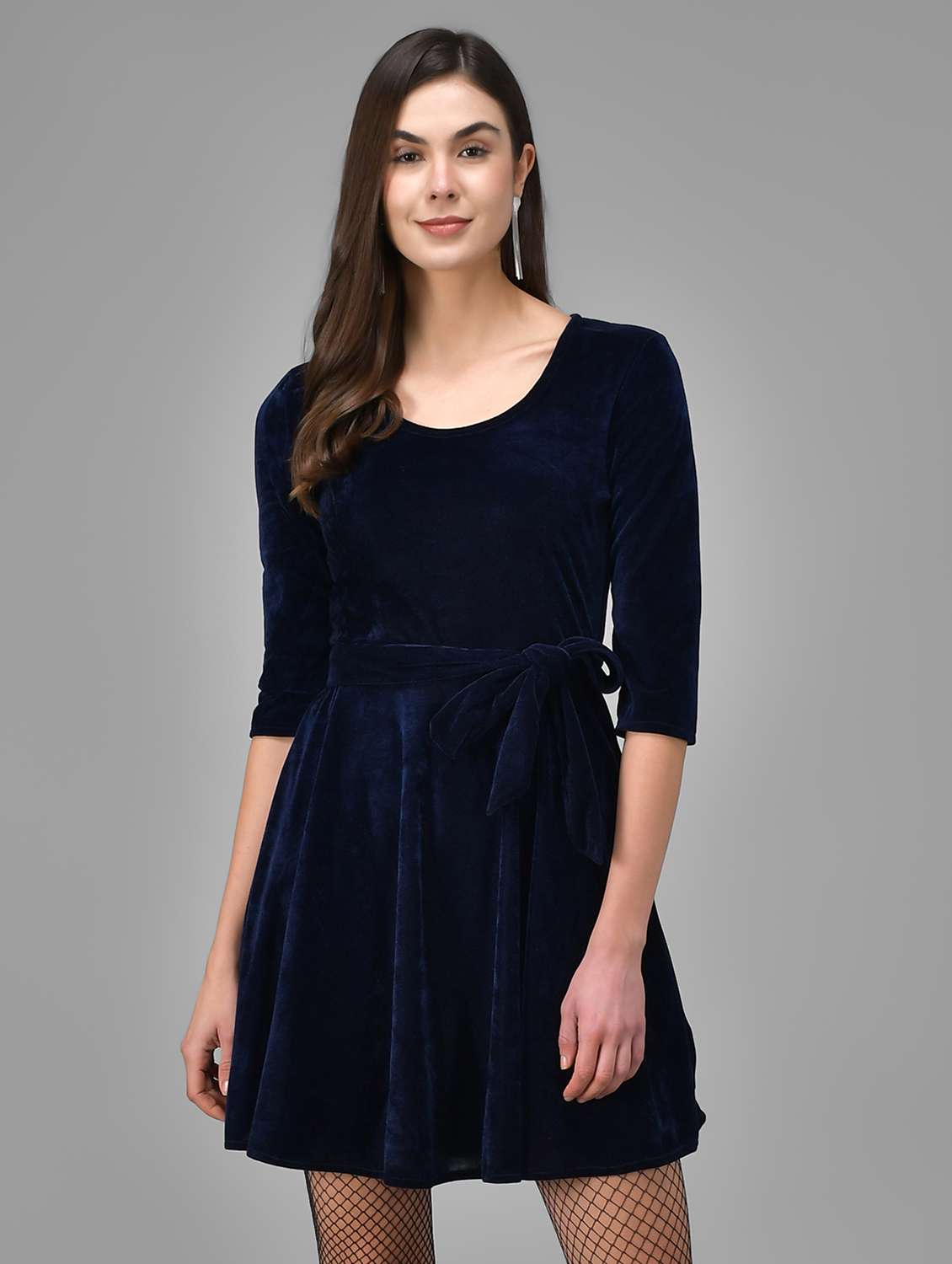 women solid three quarter sleeve fit & flare dress