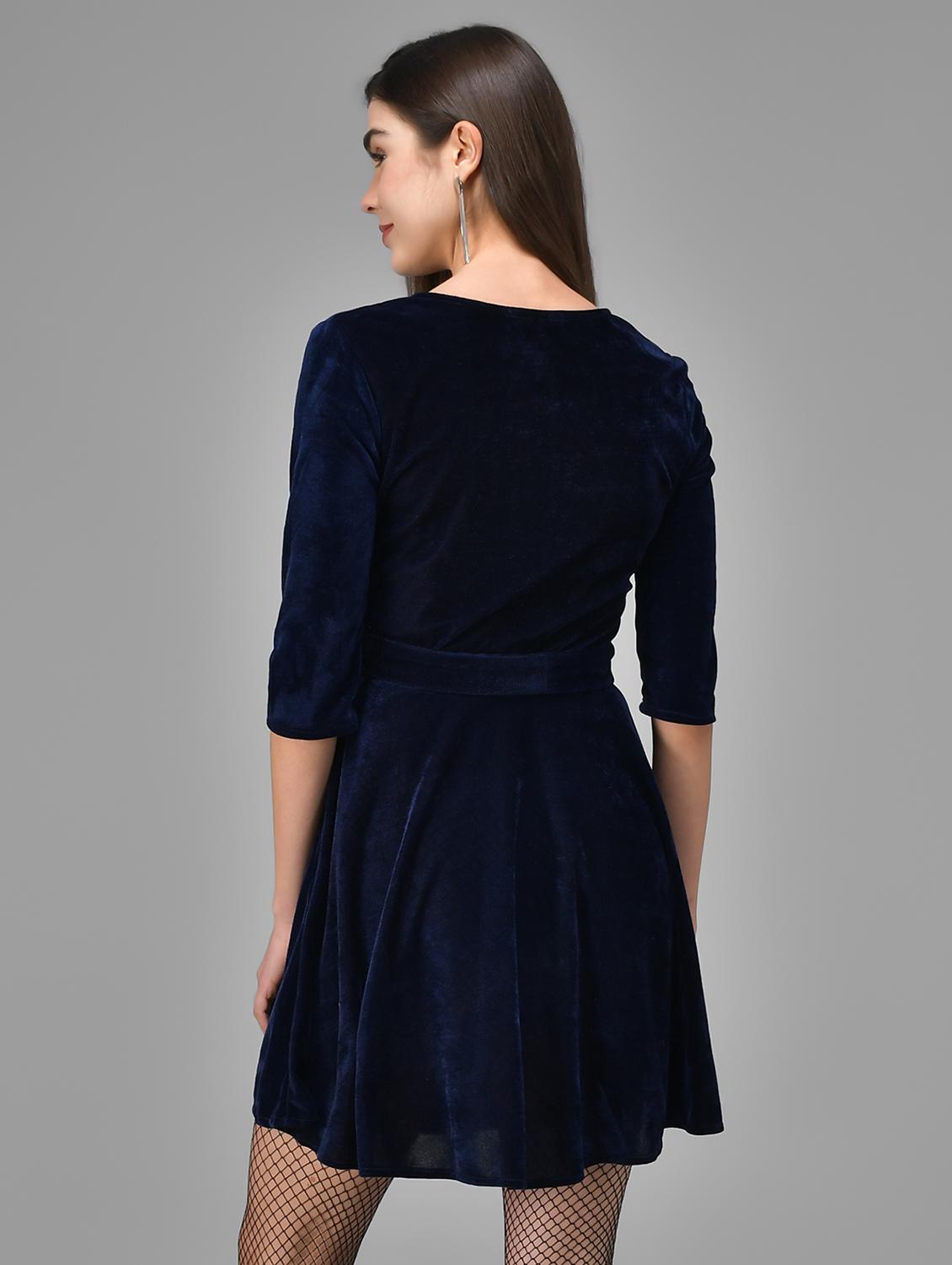 women solid three quarter sleeve fit & flare dress - 22031652 - Standard Image - 3