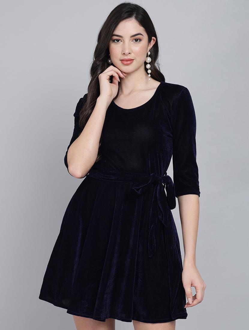 women solid three quarter sleeve fit & flare dress - 22031653 - Zoom Image - 0
