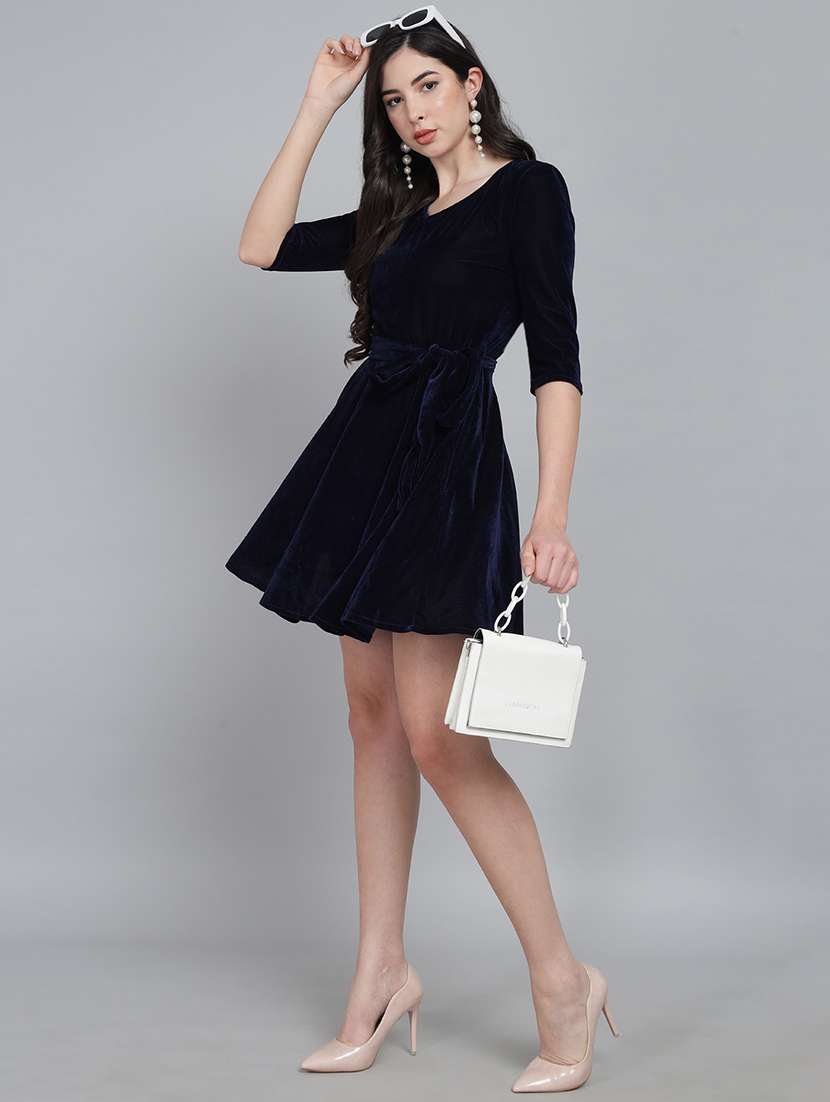 women solid three quarter sleeve fit & flare dress - 22031653 - Standard Image - 3