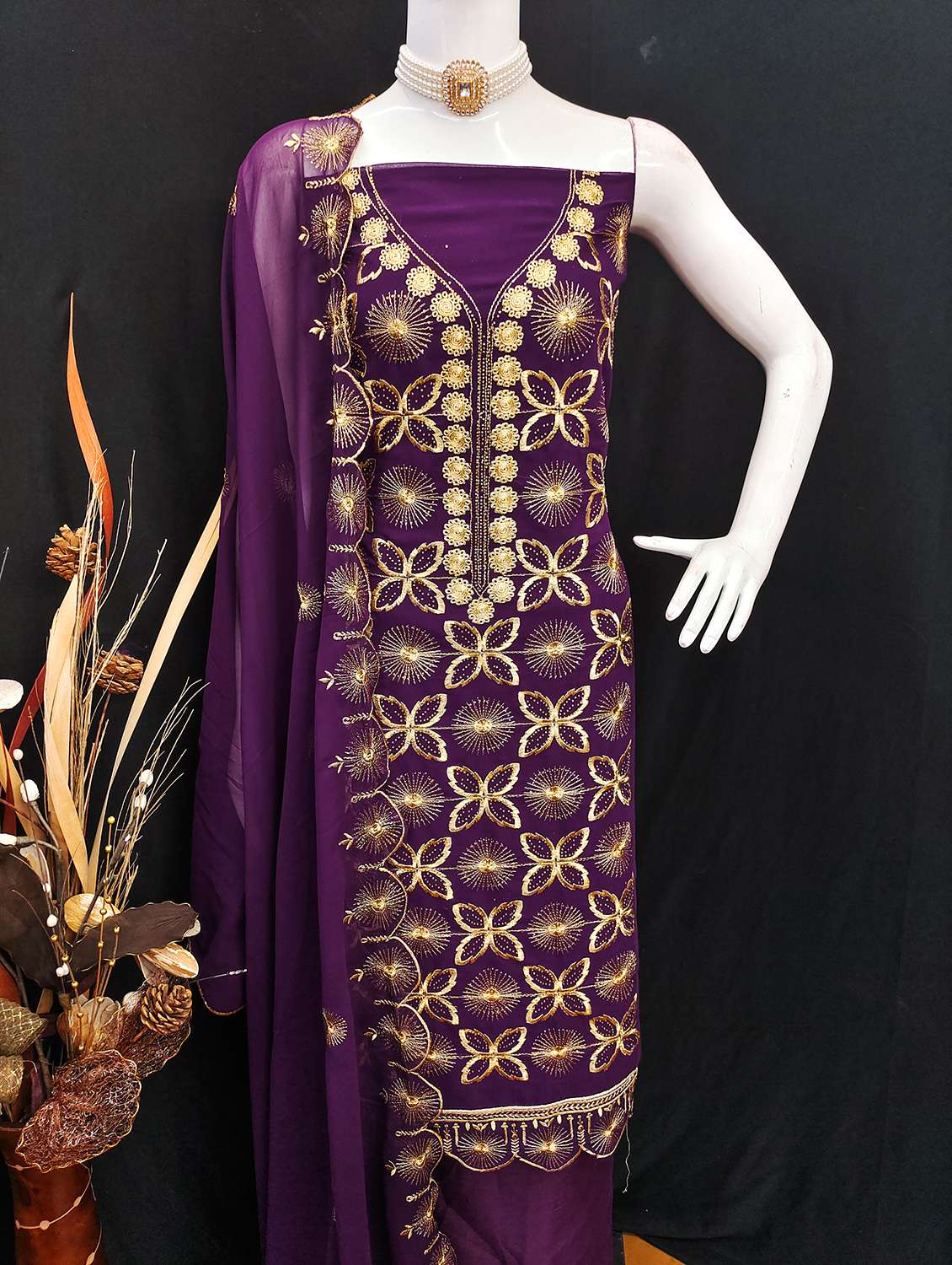 women solid with work embroidered unstitched suit set - 22031668 -  Standard Image - 3