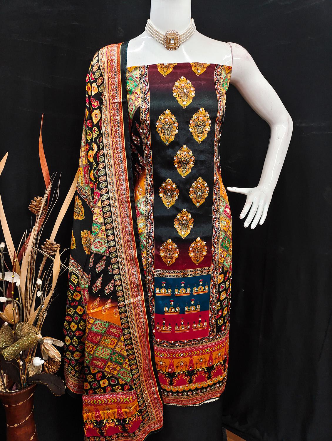 women printed sequined unstitched suit set - 22031677 - Standard Image - 3