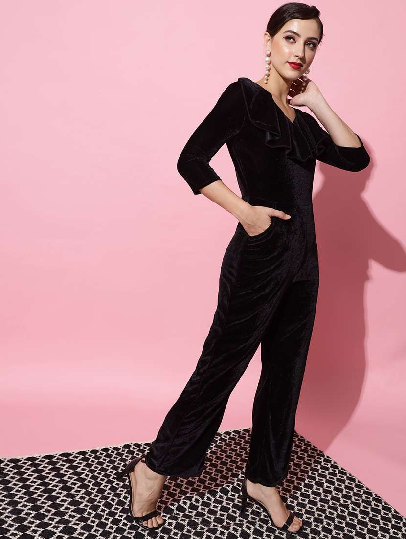 women solid three quarter sleeve velvet jumpsuit - 22031678 -  Standard Image - 3
