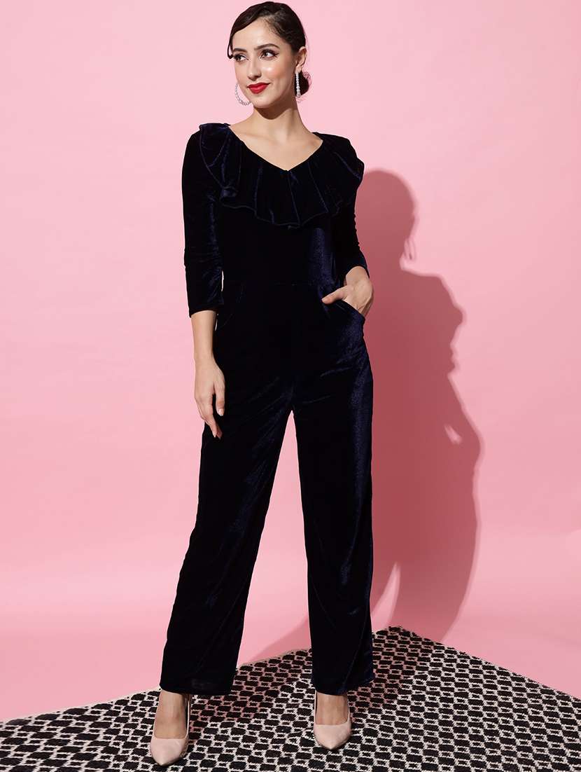 women solid three quarter sleeve velvet jumpsuit