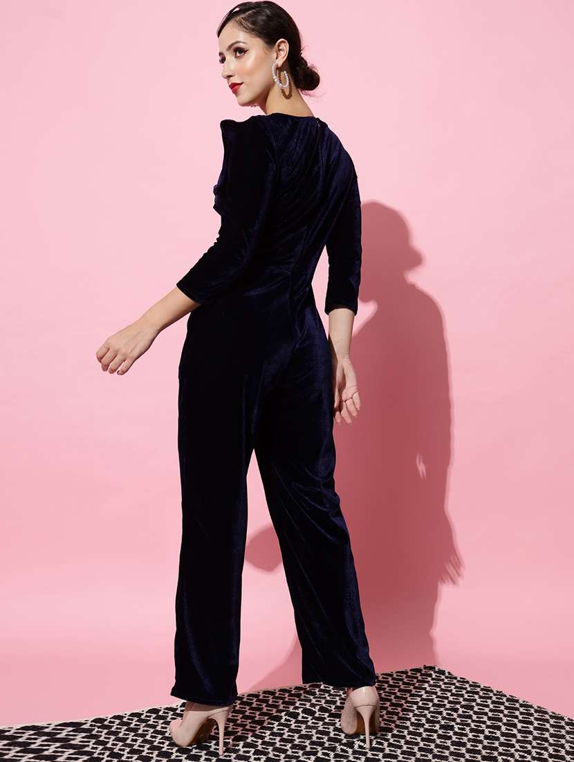 women solid three quarter sleeve velvet jumpsuit - 22031679 -  Standard Image - 3