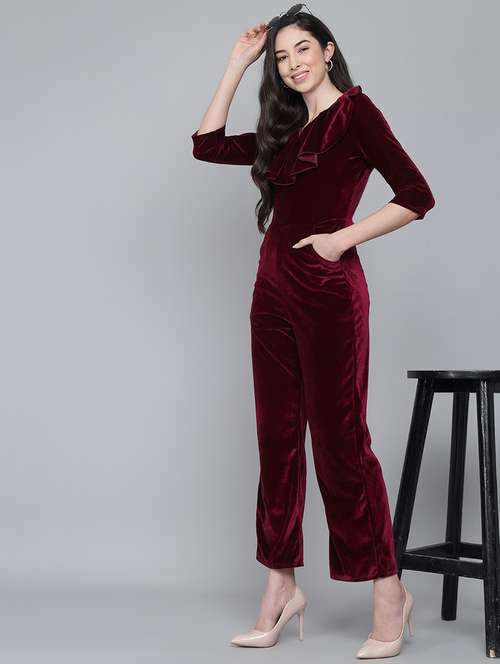 women solid three quarter sleeve velvet jumpsuit