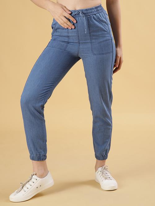 women solid mid rise denim jogger - 22031682 - Standard Image - 0