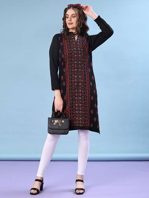 women self design long sleeve straight woolen kurta - 22031920 -  Standard Image - 0