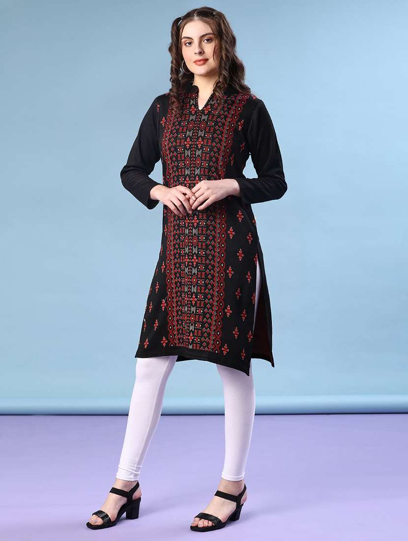 women self design long sleeve straight woolen kurta - 22031920 -  Standard Image - 3